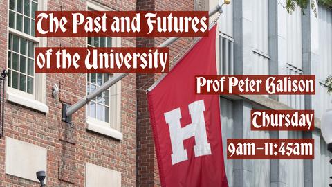Crimson flag with an H for Harvard in front of a brick building
